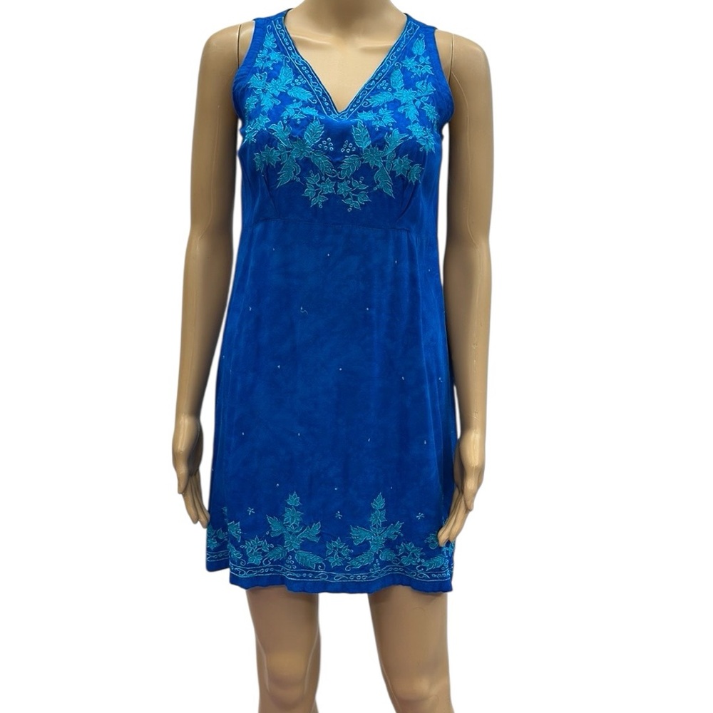 Santiki Rayon Blue Floral Embroidered Sleeveless Zip Back Imported Dress Women M